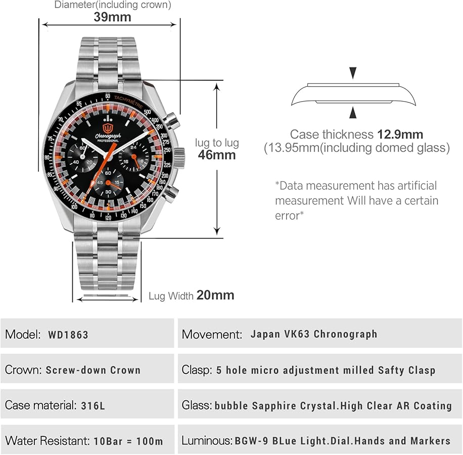watchdives WD1860 WD1861 WD1863 Men's Chronograph Watch Japan VK63
